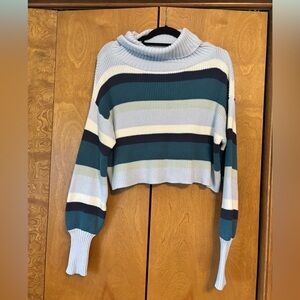 Blue Striped Turtleneck Slouchy Sweater